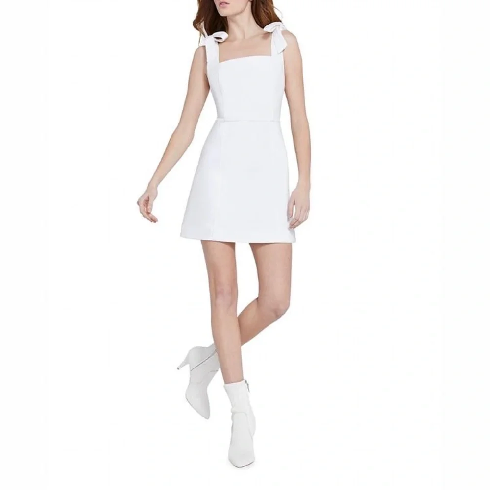 ALICE + OLIVIA - MARYANN TIE SHOULDER MINI DRESS - White Jean Dress Jumper - Picture 12 of 12